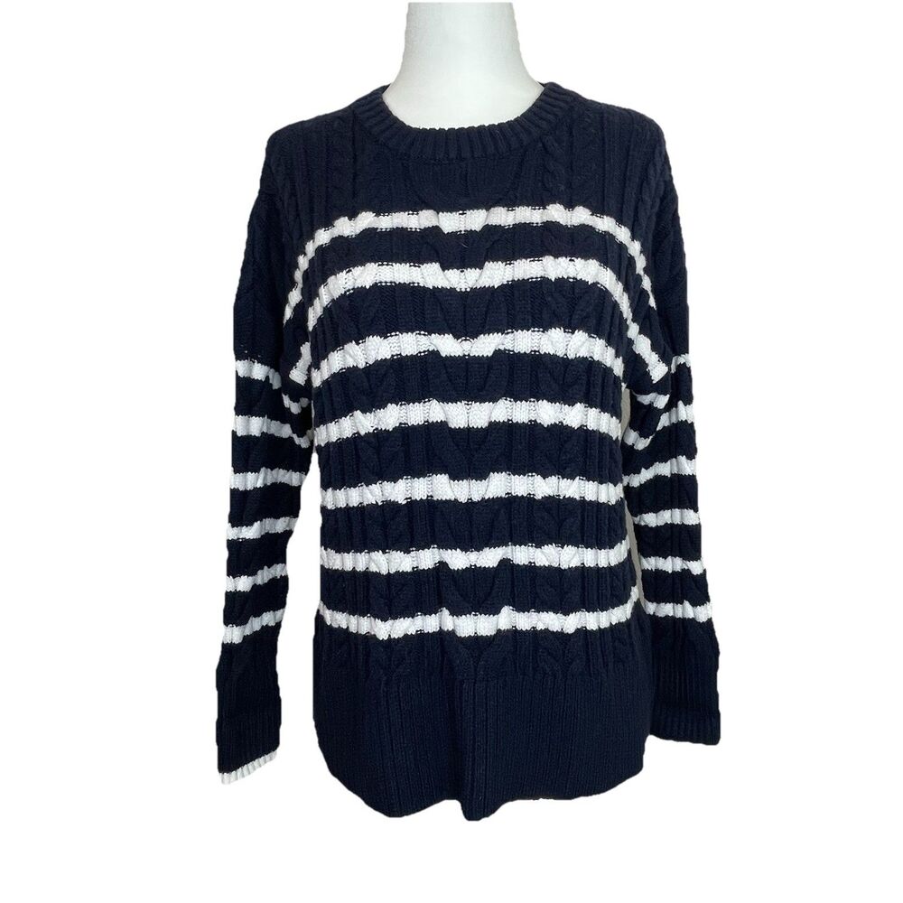 Philosophy Women’s Cable Knit Sweater Navy White Striped Nautical Preppy-XS